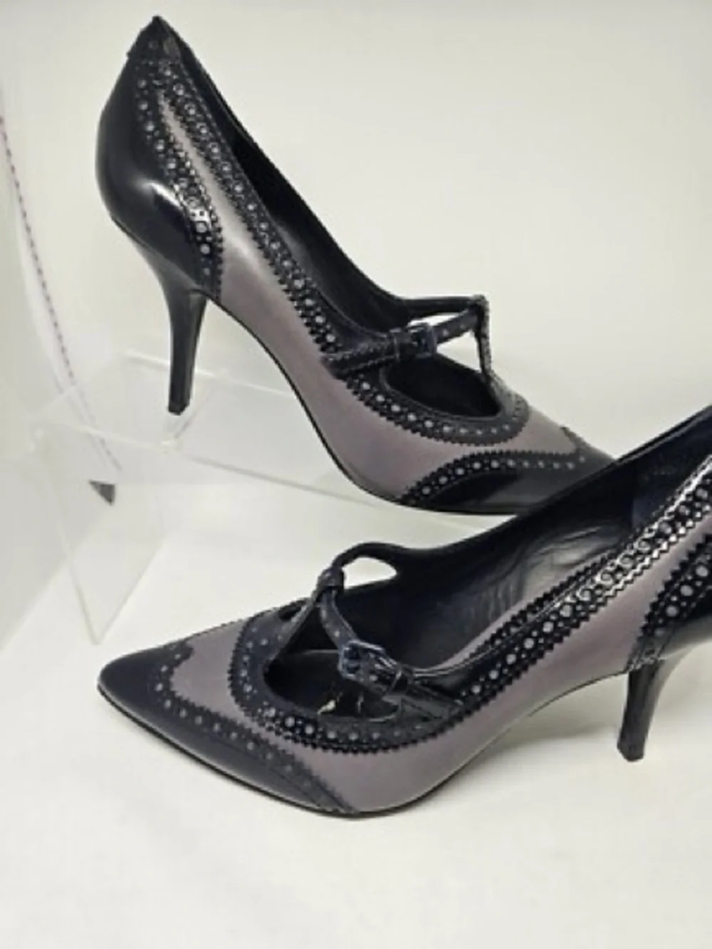 Tory Burch Black and Gray Pointed-Toe Mary Jane Heels